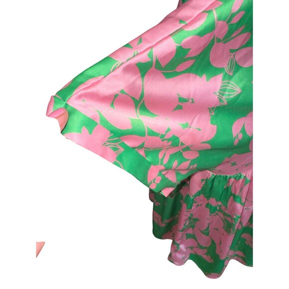 ENTRO Pink Green Floral Satin Tiered Babydoll Blouse Tassel Tie Back L Boho - Picture 7 of 10